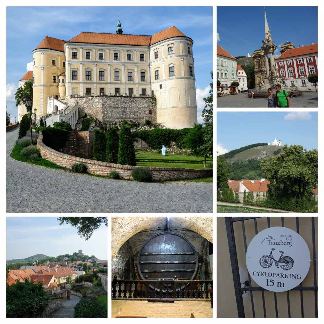 Het kasteel van Mikulov, het stadje, de Tanzberg en het grootste wijnvat van Moravië in één collage collage van beelden wijnstadje Mikulov