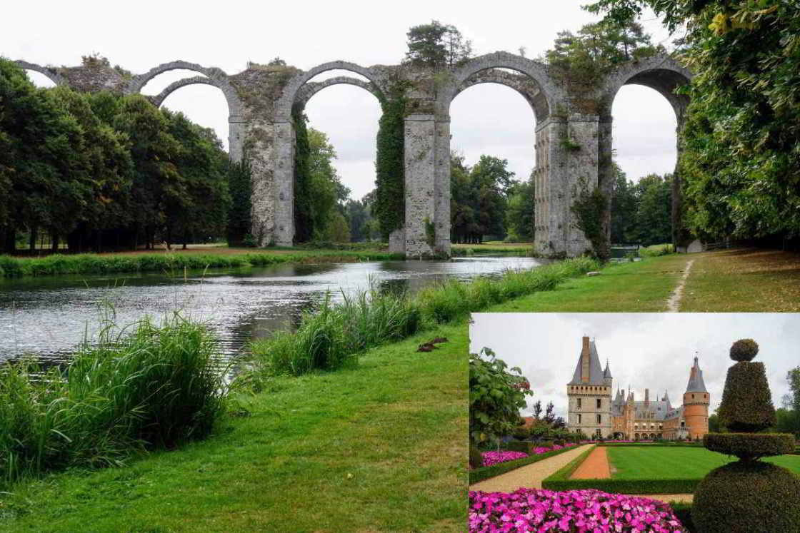 Het château van Maintenon met het immense aquaduc in de achtertuin aquaduct en achterzijde van het kasteel van Maintenon