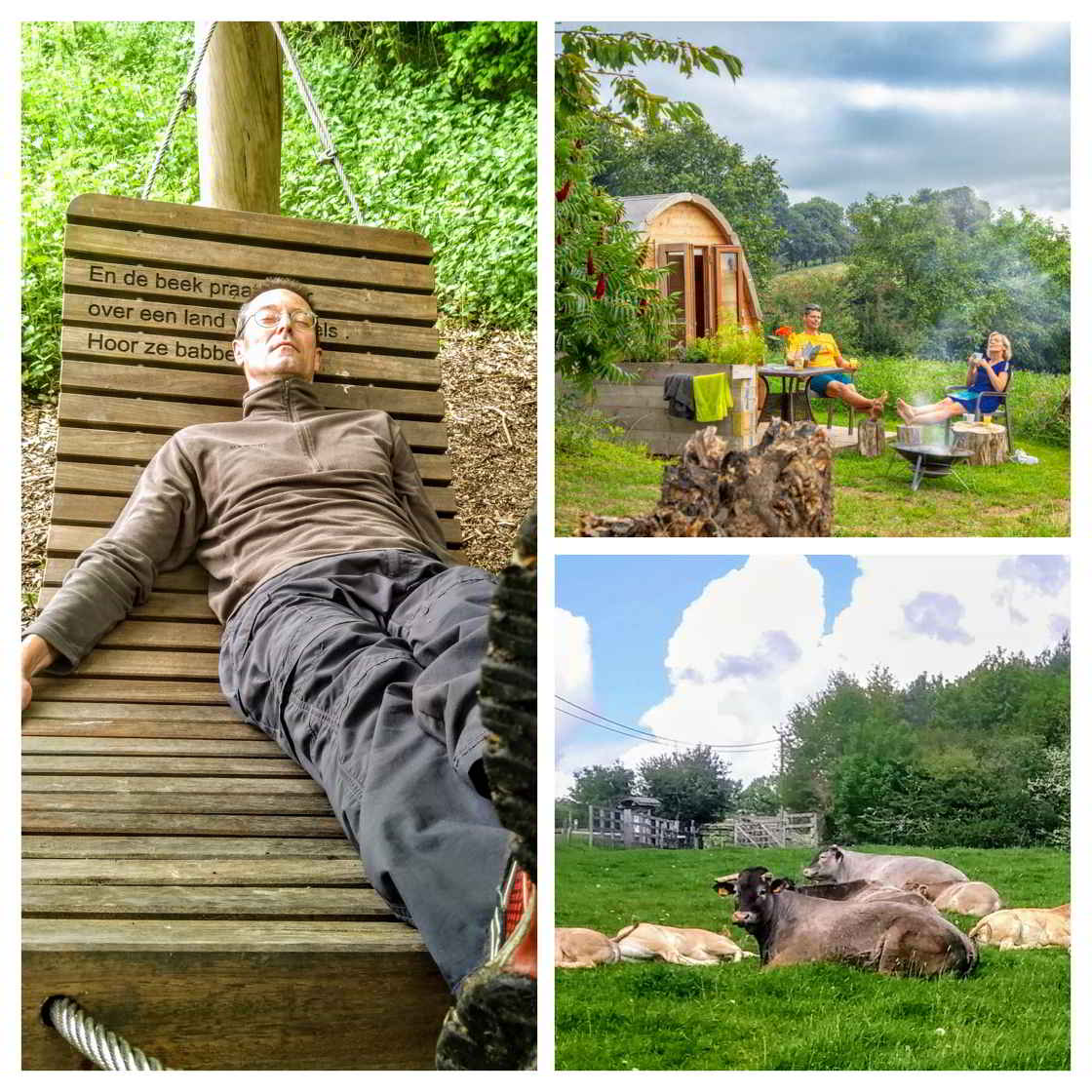 Relaxen in hangmatten langs de route, de slaappod en de Bazadaaise koeien collage van drie beelden Douvevallei
